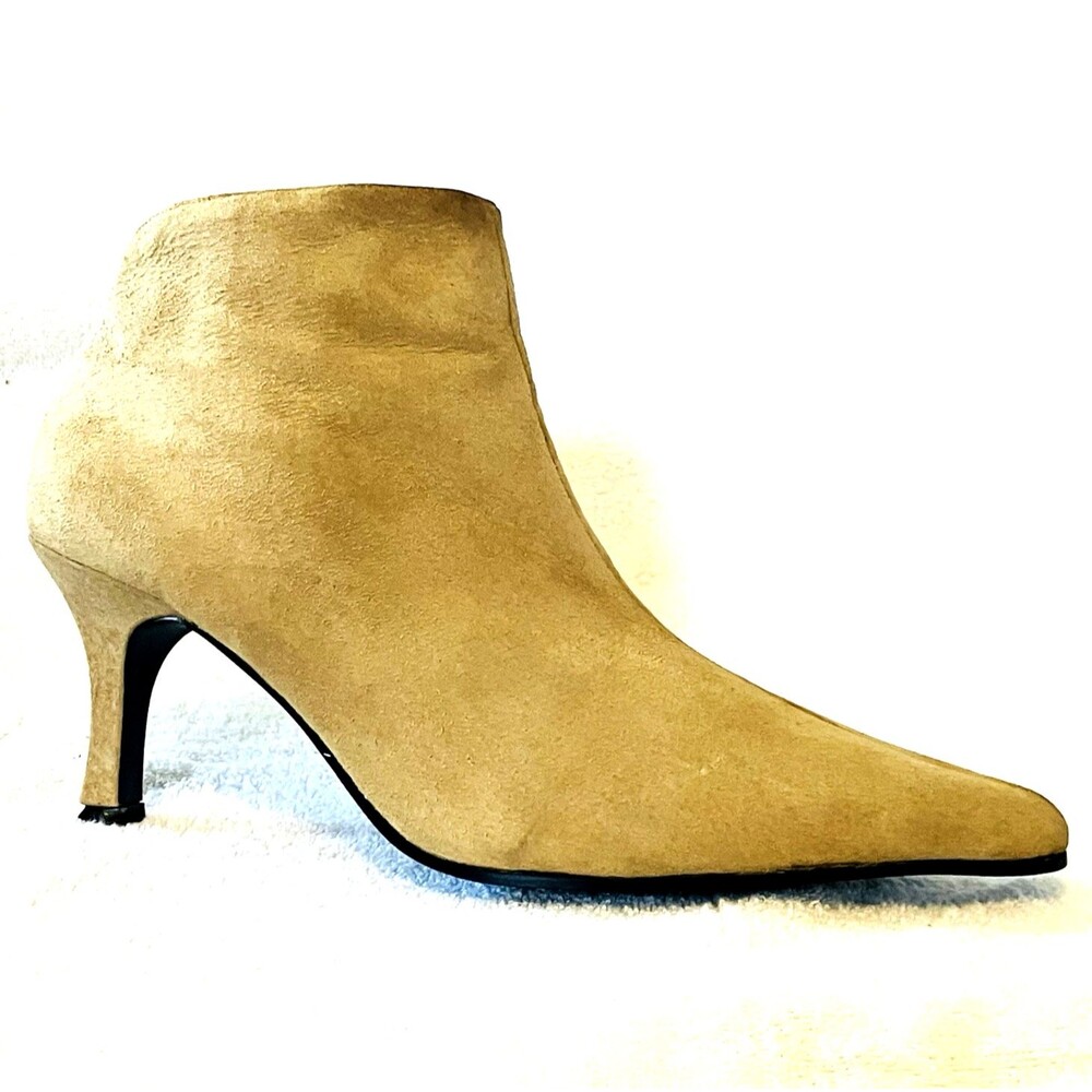 Manfield UK Suede Ankle Boots Pointy High Heel Zip 6.5 Tan Preppy Hippie Boho